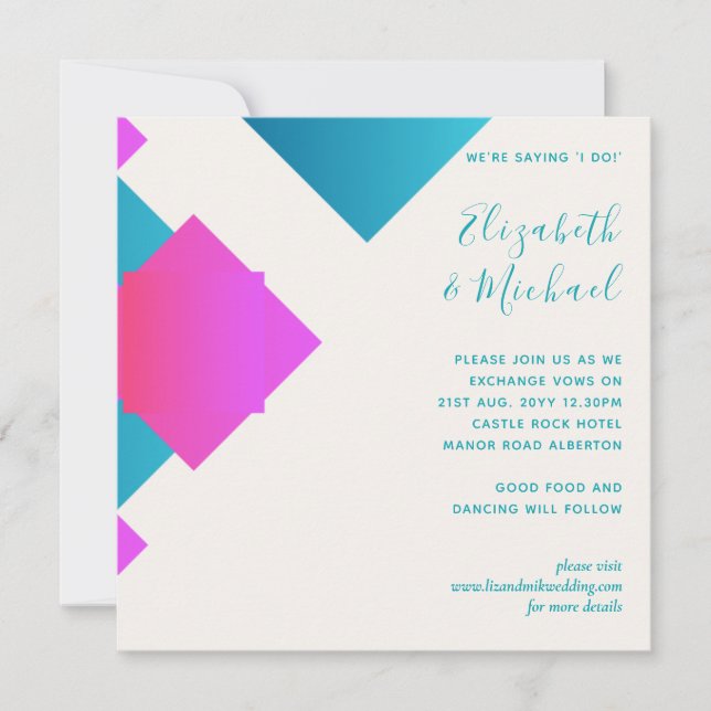 Futuristic Abstract Turquoise Pink Wedding Invites (Front)