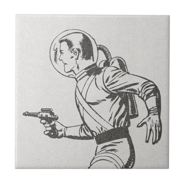Futuristic and Nostalgic Retro Sci-Fi Ray Gun Man Ceramic Tile (Front)