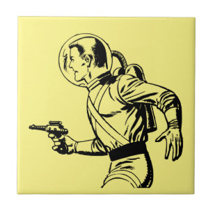 Futuristic and Nostalgic Retro Sci-Fi Ray Gun Man Ceramic Tile