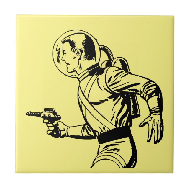 Futuristic and Nostalgic Retro Sci-Fi Ray Gun Man Ceramic Tile (Front)