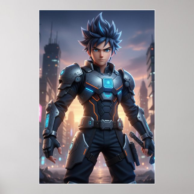 Futuristic Anime Hero – Cyberpunk Warrior Poster (Front)