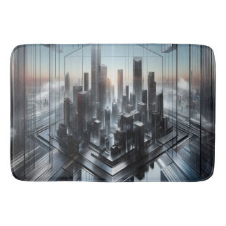 Futuristic Black Silver Grey Metallic City Model Bath Mat