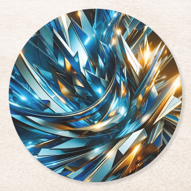 Futuristic Blue Gold Abstract Metallic Geometric Round Paper Coaster (Front)