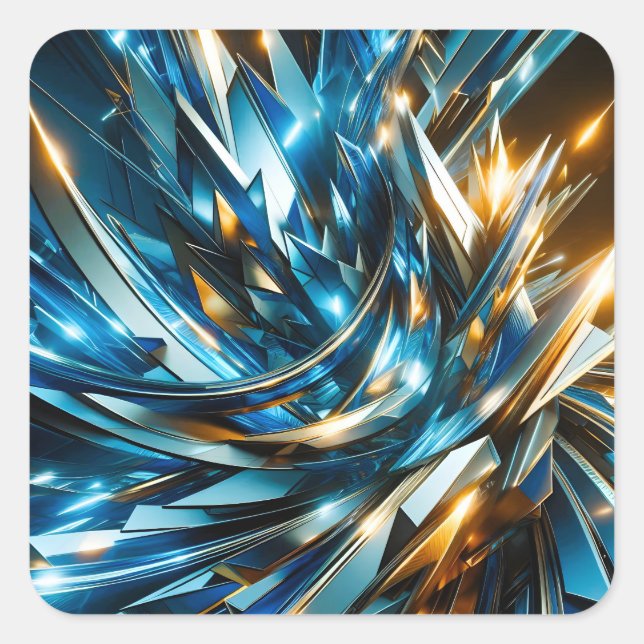 Futuristic Blue Gold Abstract Metallic Geometric Square Sticker (Front)