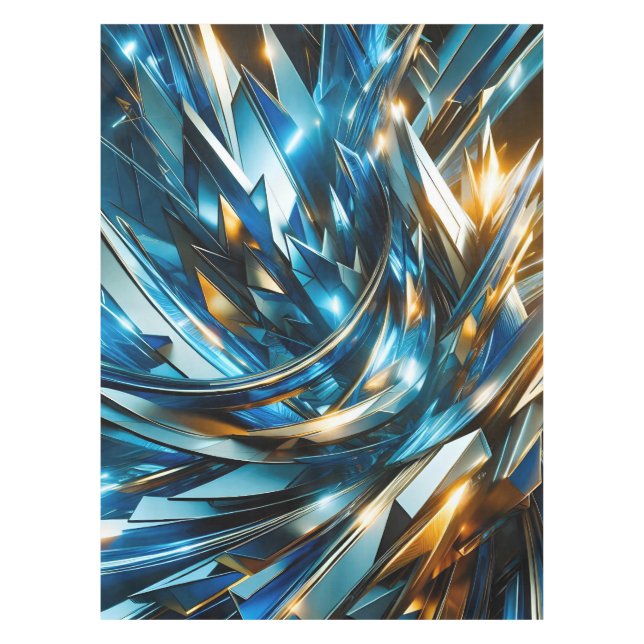 Futuristic Blue Gold Abstract Metallic Geometric Tablecloth (Front)
