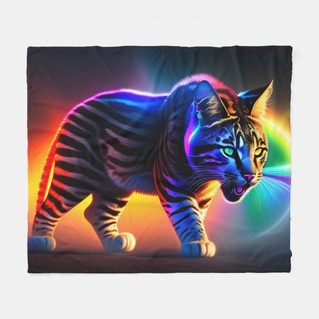 Futuristic Cat with Rainbow Colours, Cat Fleece Blanket (Front (Horizontal))