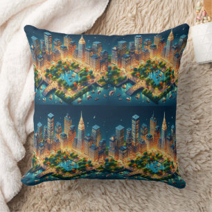 Futuristic Central Park Night Throw Pillow Design.