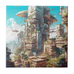 Futuristic City Science Fiction Art Ceramic Tile