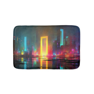 Futuristic City with Radiant Neon Portal Bath Mat