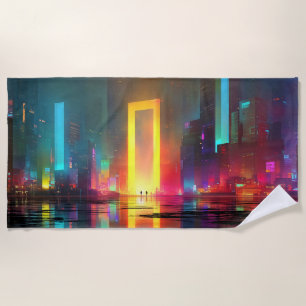 Futuristic City with Radiant Neon Portal Beach Towel
