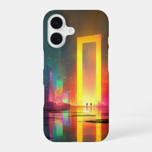 Futuristic City with Radiant Neon Portal iPhone 16 Case