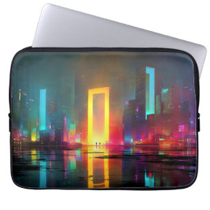 Futuristic City with Radiant Neon Portal Laptop Sleeve