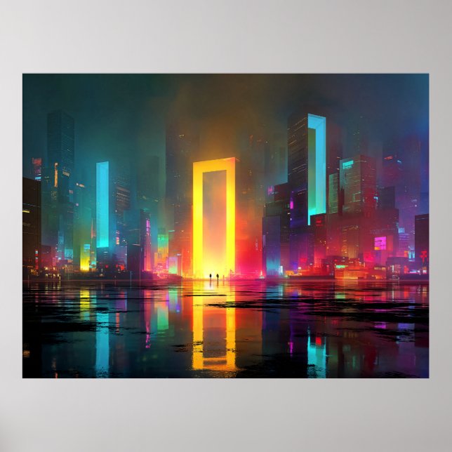 Futuristic City with Radiant Neon Portal Poster (Front)