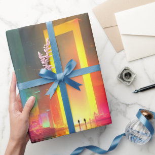 Futuristic City with Radiant Neon Portal Wrapping Paper