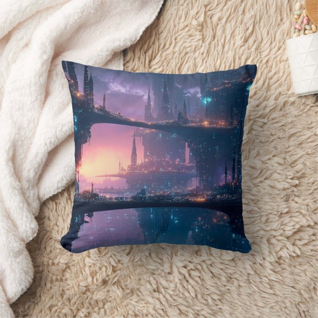 Futuristic Cityscape at Dusk Cushion (Blanket)