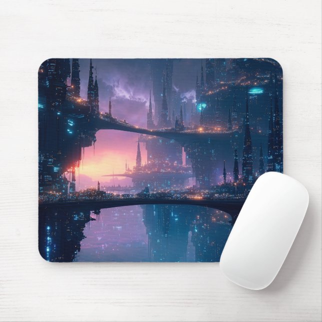 Futuristic Cityscape at Dusk Mouse Pad (With Mouse)