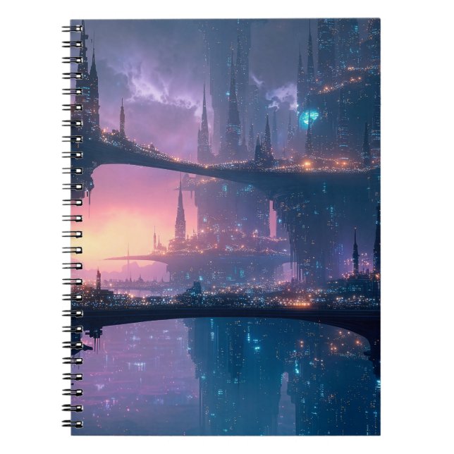 Futuristic Cityscape at Dusk Notebook (Front)