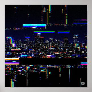 Futuristic Cityscape Digital Glitch Art Poster