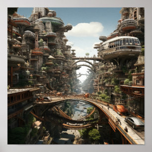 Futuristic Cityscape: Flying Cars and Motorbikes   Poster