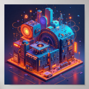 Futuristic cityscape showcasing vibrant neon archi poster