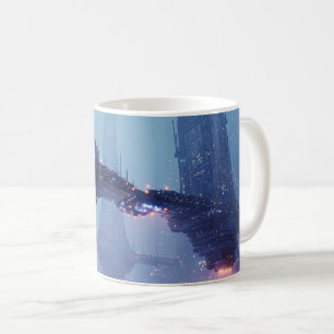 Futuristic Cityscape with Hovering Structures Coffee Mug