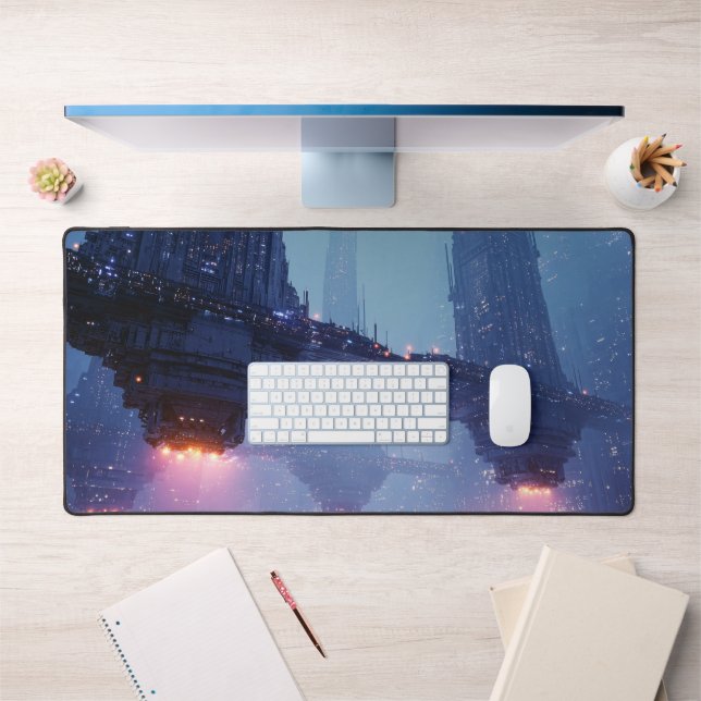 Futuristic Cityscape with Hovering Structures Desk Mat (Office 1)