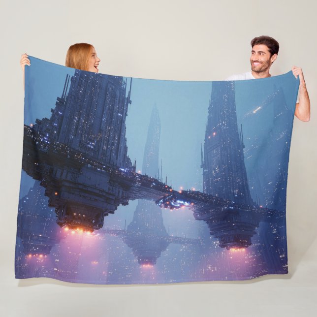 Futuristic Cityscape with Hovering Structures Fleece Blanket (In Situ)