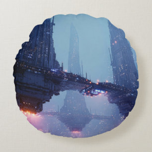Futuristic Cityscape with Hovering Structures Round Cushion