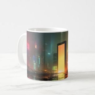 Futuristic Cityscape with Neon Reflections Coffee Mug