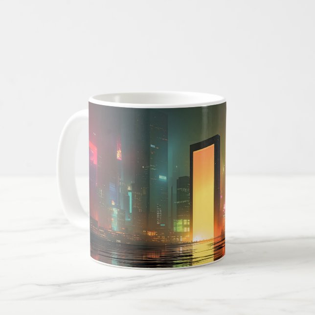 Futuristic Cityscape with Neon Reflections Coffee Mug (Front Left)