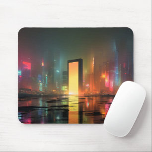 Futuristic Cityscape with Neon Reflections Mouse Pad