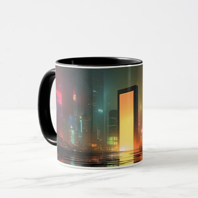 Futuristic Cityscape with Neon Reflections Mug (Front Left)