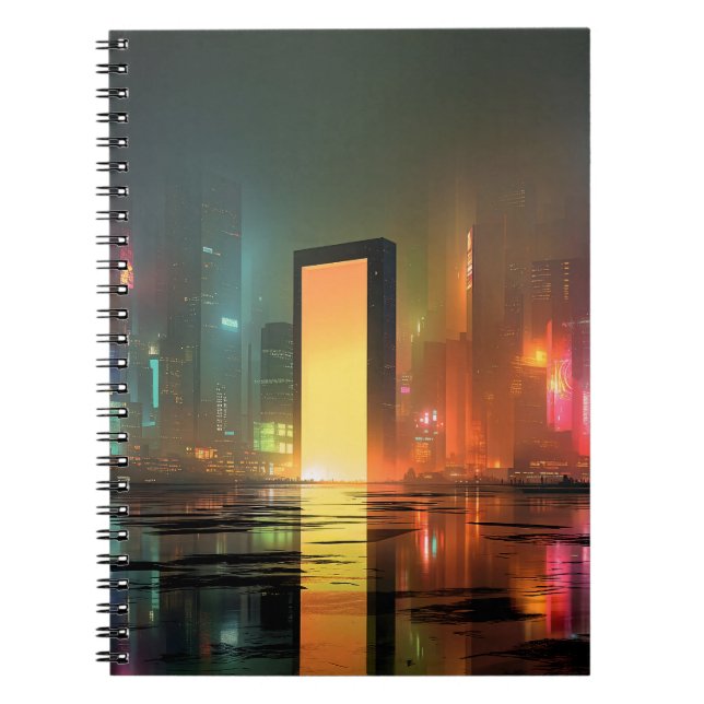 Futuristic Cityscape with Neon Reflections Notebook (Front)