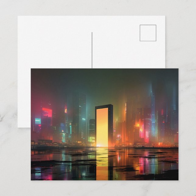 Futuristic Cityscape with Neon Reflections Postcard (Front/Back)