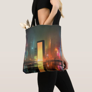 Futuristic Cityscape with Neon Reflections Tote Bag