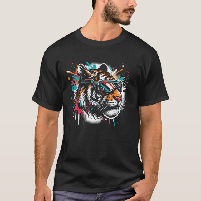 Futuristic Colourful Graffiti Tiger Face with Sung T-Shirt (Front)