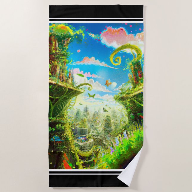 Futuristic Colourful Plant City, AI Generated Art Beach Towel (Front)