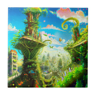 Futuristic Colourful Plant City, AI Generated Art Ceramic Tile
