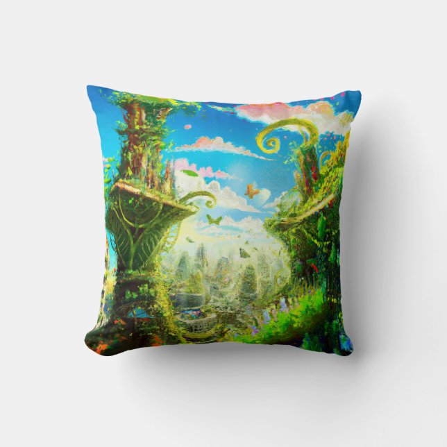 Futuristic Colourful Plant City, AI Generated Art Cushion (Front)