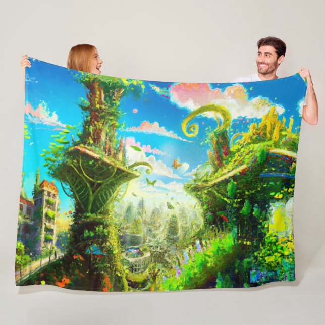 Futuristic Colourful Plant City, AI Generated Art Fleece Blanket (In Situ)