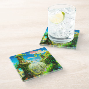 Futuristic Colourful Plant City, AI Generated Art Glass Coaster