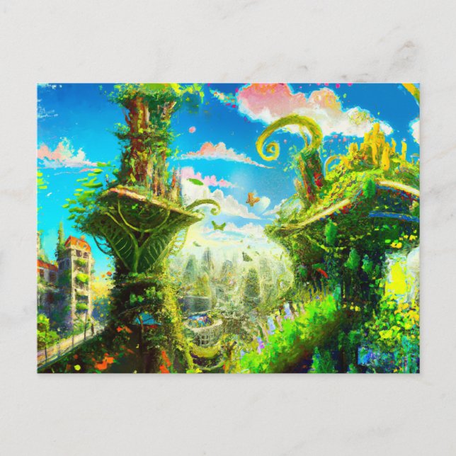 Futuristic Colourful Plant City, AI Generated Art Postcard (Front)