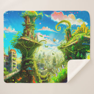 Futuristic Colourful Plant City, AI Generated Art Sherpa Blanket