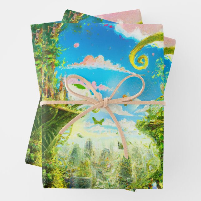 Futuristic Colourful Plant City, AI Generated Art Wrapping Paper Sheet (In situ)