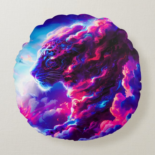 Futuristic Cosmic Neon Leopard  Round Cushion (Front)