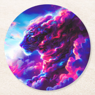 Futuristic Cosmic Neon Leopard Round Paper Coaster