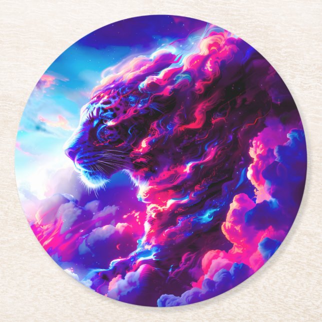 Futuristic Cosmic Neon Leopard  Round Paper Coaster (Front)
