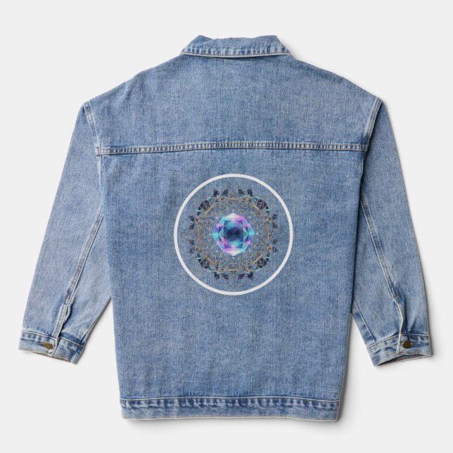 Futuristic Crystal Mandala – Geometric Tech Art Denim Jacket (Back)