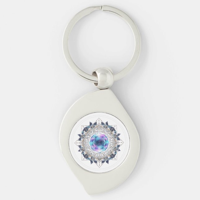 Futuristic Crystal Mandala – Geometric Tech Art Key Ring (Front)