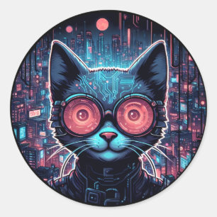 Futuristic Cyber Cat Classic Round Sticker